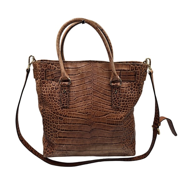 Michael‎ Kors Crocodile Embossed Leather Tote Shoulder Bag Brown Gold Lock Key - Picture 2 of 12